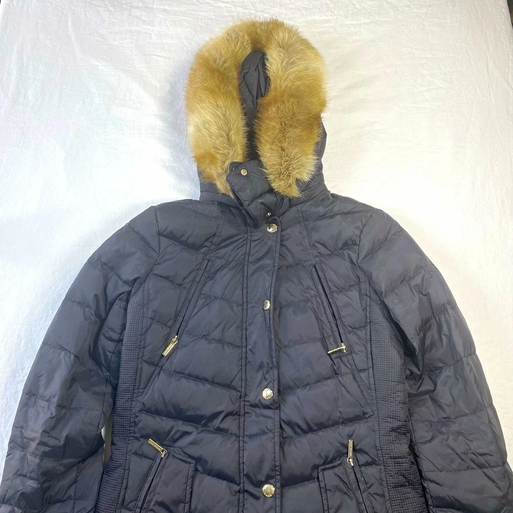 Michael Kors Women Black Hooded Faux Fur Trim Down Puffer Coat Mid-Length XS